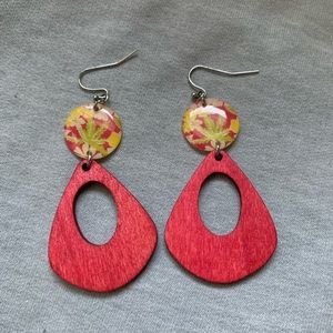 Handmade earrings. Made from and old book  page & wood dangle.